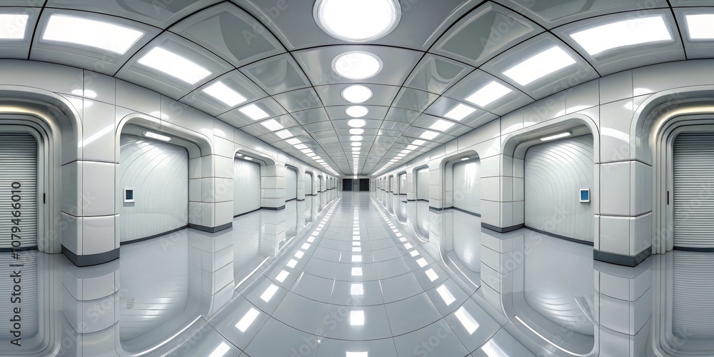 Futuristic White Corridor with Geometric Panels and Bright Lights, 360 Degree Panoramic View, Sci-Fi, Interior Design, Space Station, Minimalism, Architecture Futuristic White Corridor with Geometric Panels and Bright Lights, 360 Degree Panoramic View, Sci-Fi, Interior Design, Space Station, Minimalism, Architecture