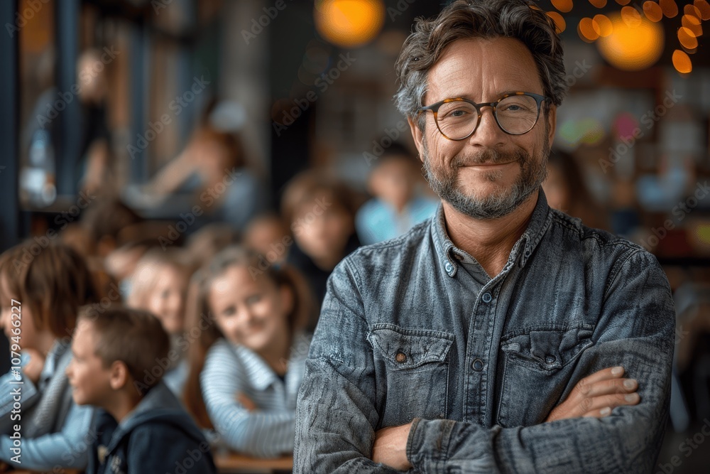 Smiling Male Teacher in Classroom with Happy Students Learning Smiling Male Teacher in Classroom with Happy Students Learning