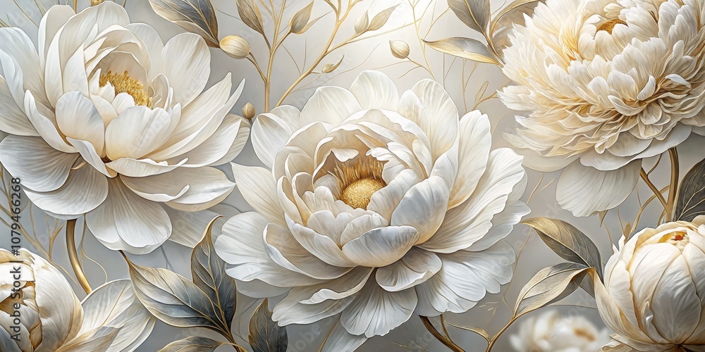 Delicate White Flowers with Golden Veins, Botanical Illustration, Floral Art, Peony ,Flowers Delicate White Flowers with Golden Veins, Botanical Illustration, Floral Art, Peony ,Flowers