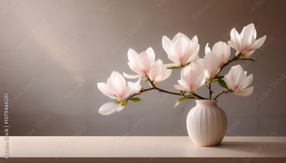 Fresh Magnolia flowers in a simple vase on a table with a minimalist background Fresh Magnolia flowers in a simple vase on a table with a minimalist background
