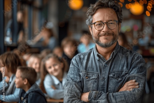 Smiling Male Teacher in Classroom with Happy Students Learning