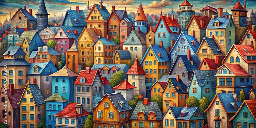 Obraz premium Colorful Townscape with Diverse Architecture, Digital Painting, Cityscape, Architecture