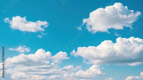 A stunning blue sky with cumulus clouds in various shapes and sizes floating gently, varied, nature, peaceful