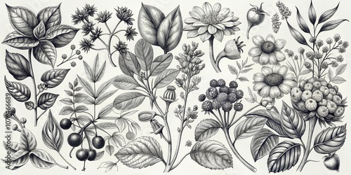 Botanical Illustration of Various Flowers and Leaves in Black and White, botanical art, botanical illustration