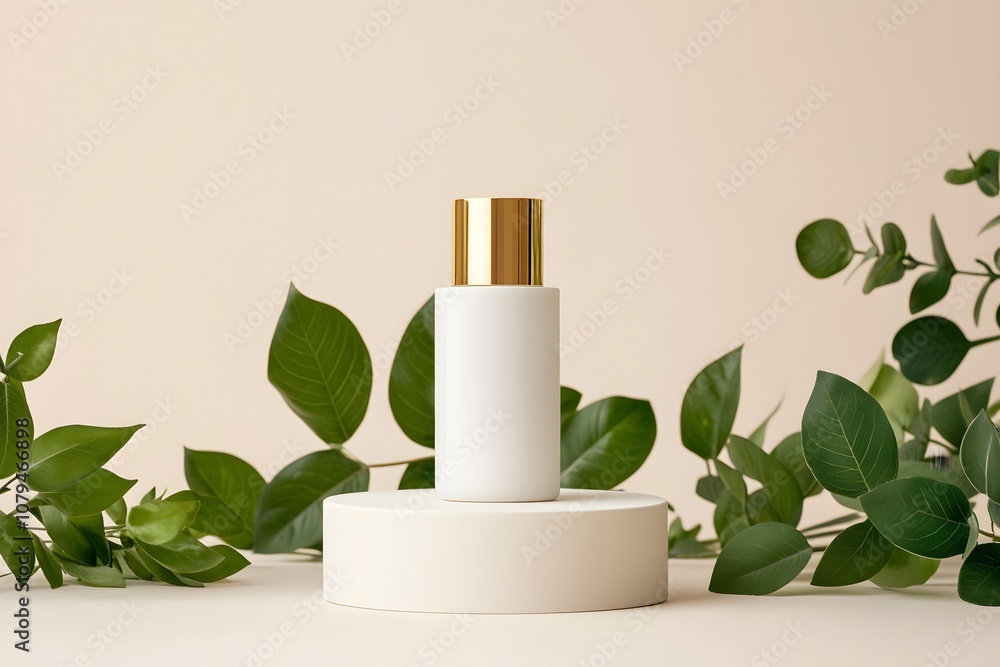 A minimalist beauty product displayed with greenery, suggesting natural skincare. A minimalist beauty product displayed with greenery, suggesting natural skincare.