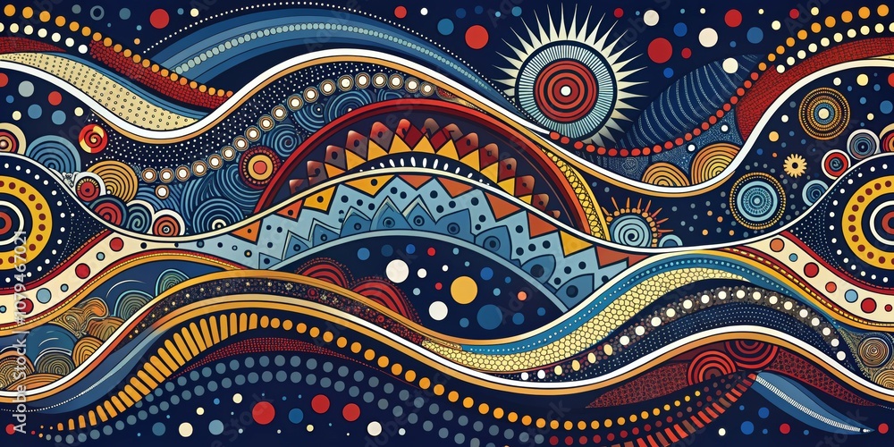 Abstract Wavy Pattern with Geometric Shapes and Dotted Details, Australian Art, Aboriginal Art Abstract Wavy Pattern with Geometric Shapes and Dotted Details, Australian Art, Aboriginal Art