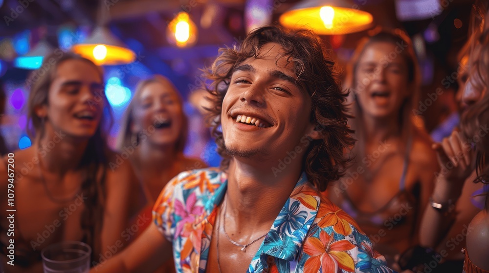 Energetic Young Man Dancing with Friends in Vibrant Neon-Lit Club Energetic Young Man Dancing with Friends in Vibrant Neon-Lit Club