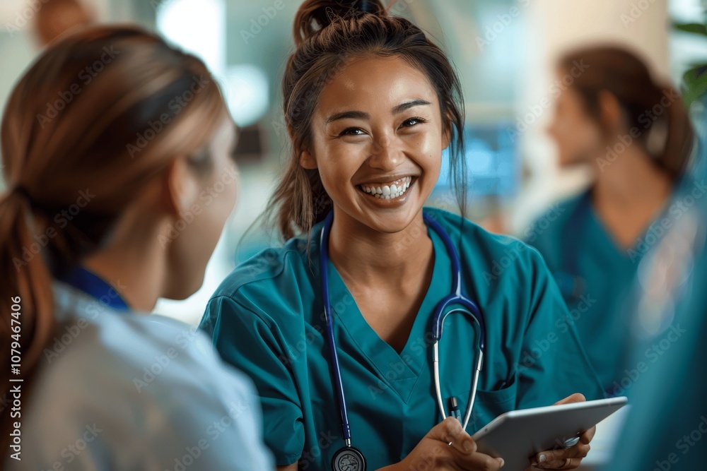 Positive interaction between two nurses in a hospital setting Positive interaction between two nurses in a hospital setting