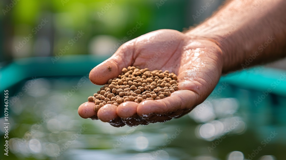 Brown pellets in hand, fish feeding on pond surface, aquaculture scene Brown pellets in hand, fish feeding on pond surface, aquaculture scene