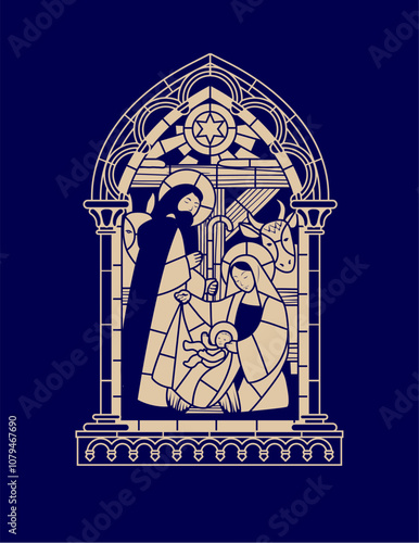 Stained glass window in a Gothic frame with a scene of the Nativity in a linear style on a dark blue background. Vector illustration