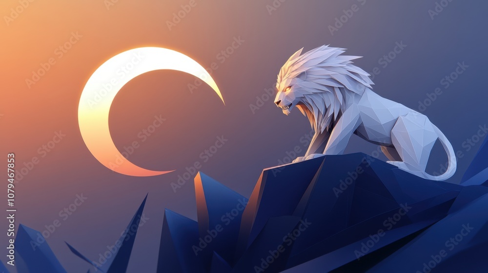 Fototapeta premium Geometric White Lion Overlook Under Crescent Moon in Digital Art Style