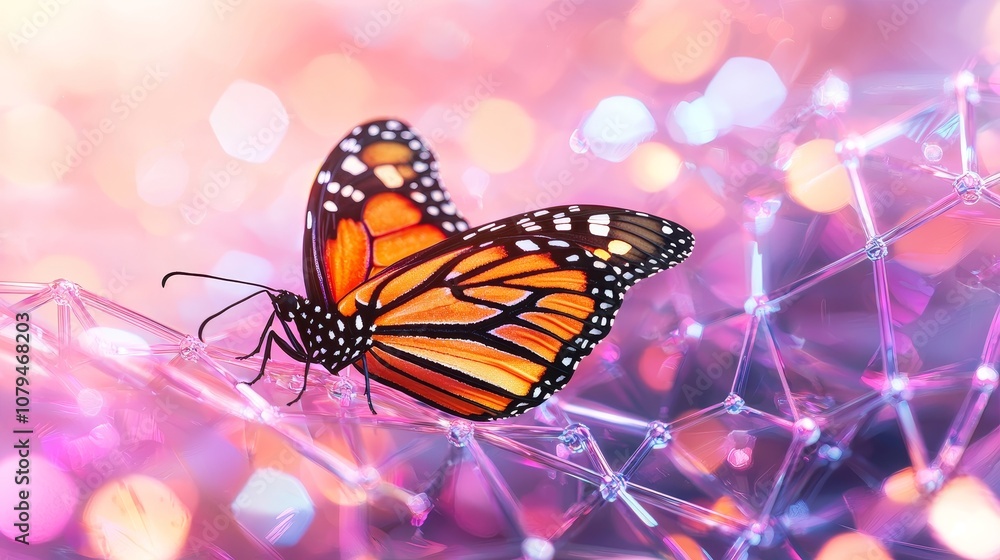 Obraz premium Cheerful butterfly on a colorful abstract background, lively patterns, vibrant mood