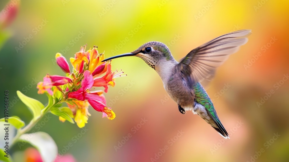 Fototapeta premium Hummingbird in Flight by Vibrant Flower, showcasing the dynamic beauty of nature, with iridescent feathers and a striking floral backdrop, capturing a moment of delicate balance.