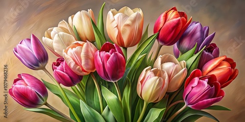 A Vibrant Bouquet of Colorful Tulips in Oil Painting Style, Floral Art, Spring Flowers, Tulips Bouquet, flower art ,flower arrangement