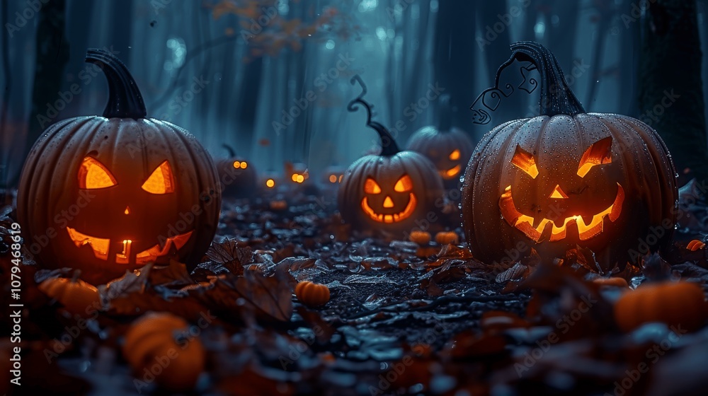 Fototapeta premium Halloween night in a dark foggy forest with spooky pumpkins and moonlight