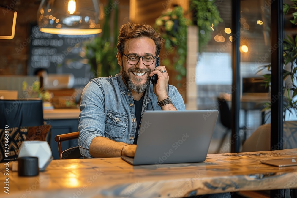 Happy businessman on phone at desk in modern office, laughing and smiling, wearing glasses and jeans shirt, using laptop during workday Happy businessman on phone at desk in modern office, laughing and smiling, wearing glasses and jeans shirt, using laptop during workday