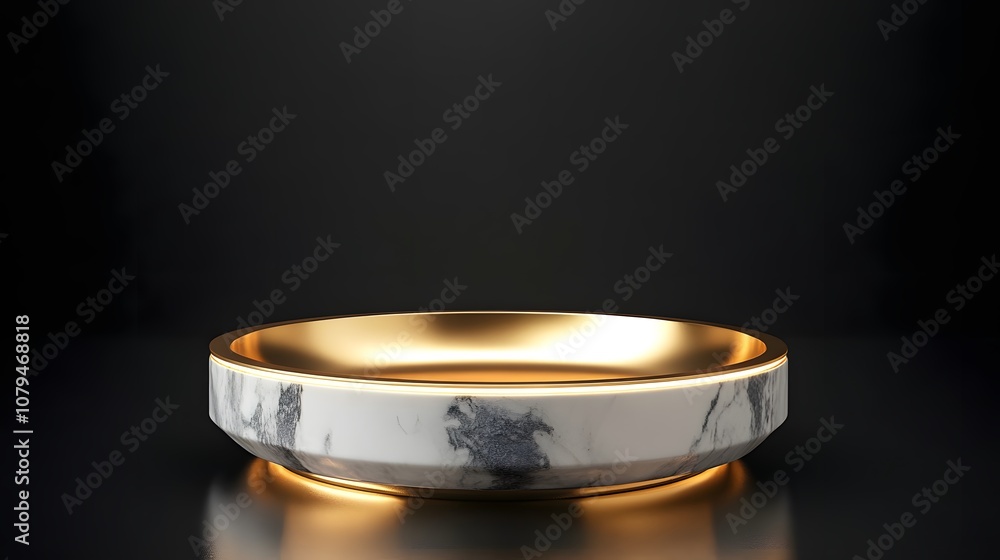 A marble and gold bowl set against a dark background, ideal for decoration or serving. A marble and gold bowl set against a dark background, ideal for decoration or serving.