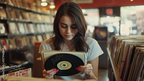 A young woman stands in a record store surrounded by shelves full of vinyl records, reflecting on her connection to music and nostalgia