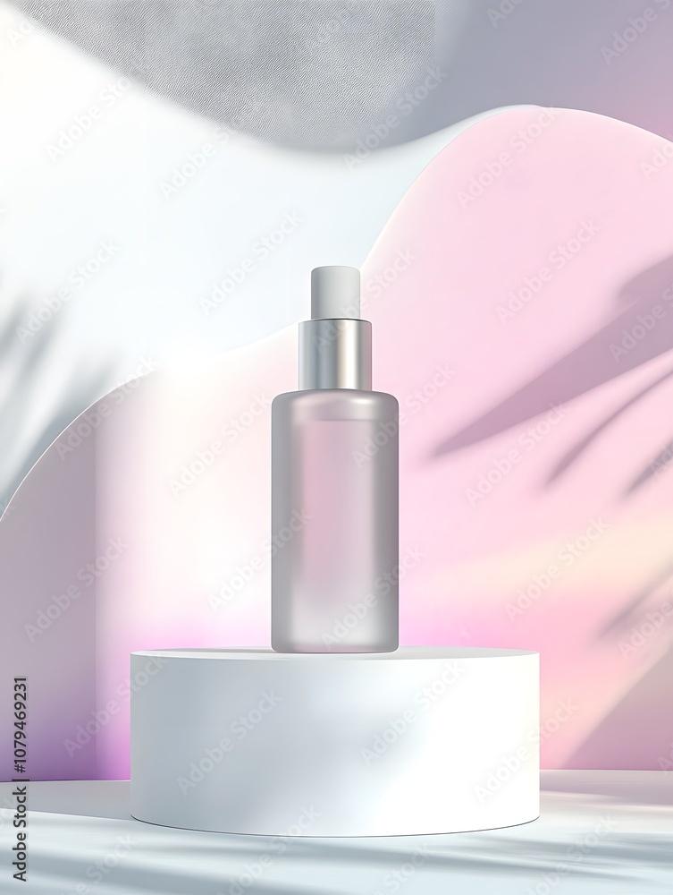 A minimalist beauty product bottle displayed on a circular pedestal with a soft background. A minimalist beauty product bottle displayed on a circular pedestal with a soft background.