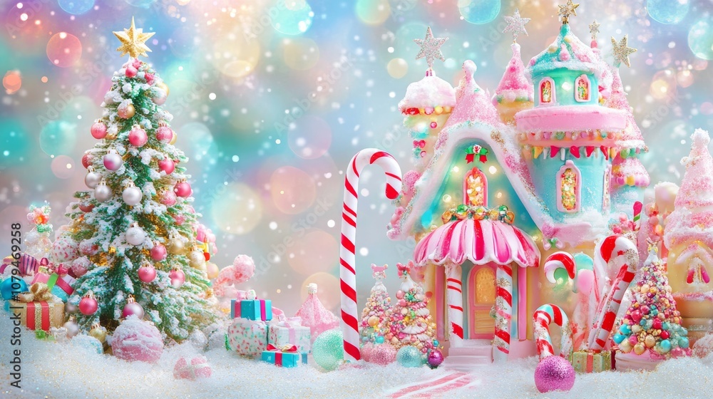 A charming Christmas village with a candy cane and festive tree, evoking holiday cheer and winter magic. A charming Christmas village with a candy cane and festive tree, evoking holiday cheer and winter magic.