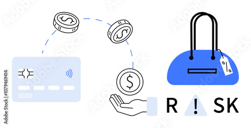 Money coins transfer from credit card to hand, with blue shopping bag and word RISK highlighted by a warning sign. Ideal for financial education, fraud prevention, e-commerce security, personal