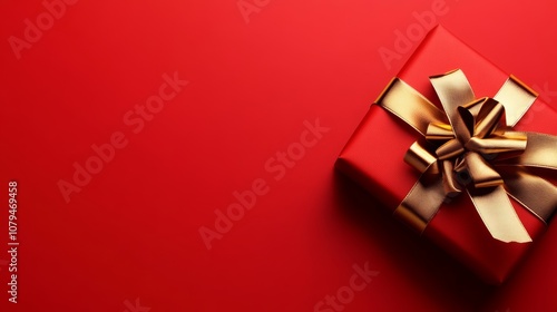 A close-up of a red gift box adorned with a shiny gold bow, perfect for festive celebrations and special occasions.