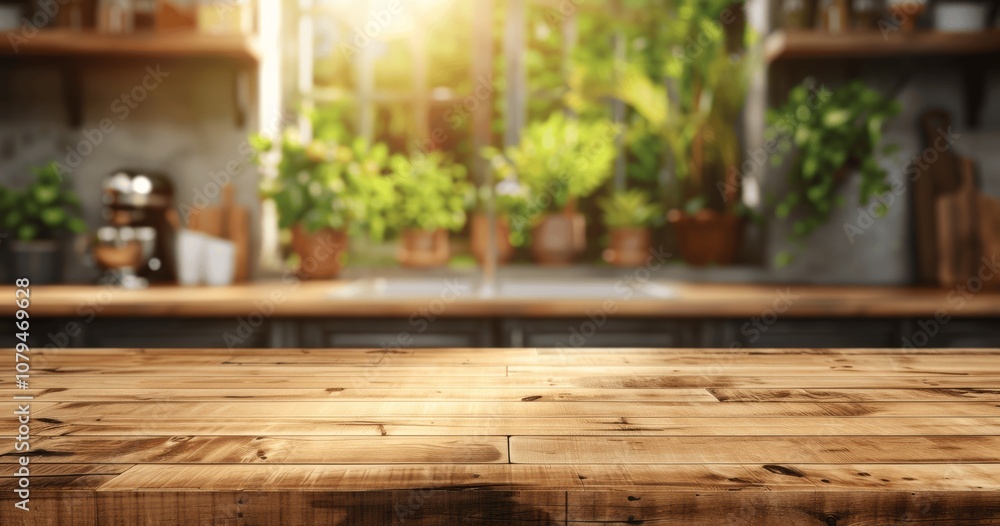 Wooden Tabletop with Blurred Kitchen Background on Sunny Day Wooden Tabletop with Blurred Kitchen Background on Sunny Day