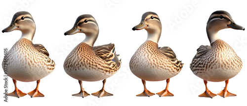 Four Ducks Standing in a Row, Isolated on Transparent Background photo