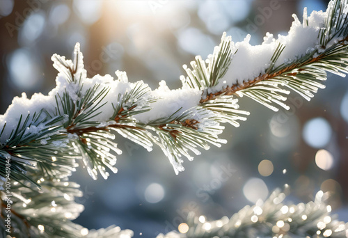 Sparkling Snowflakes on Pine Branch in Winter Sunlight, 4K photo