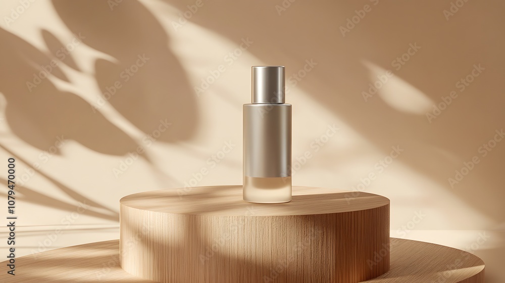 A minimalist bottle on a wooden platform, illuminated by soft shadows, suggesting elegance. A minimalist bottle on a wooden platform, illuminated by soft shadows, suggesting elegance.