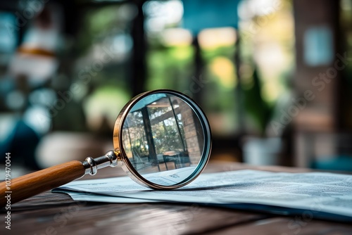 A magnifying glass rests on a document, highlighting a blurred view of a green environment.