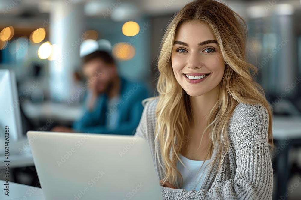 Successful young businesswoman smiling while working on laptop in corporate office with colleagues Successful young businesswoman smiling while working on laptop in corporate office with colleagues