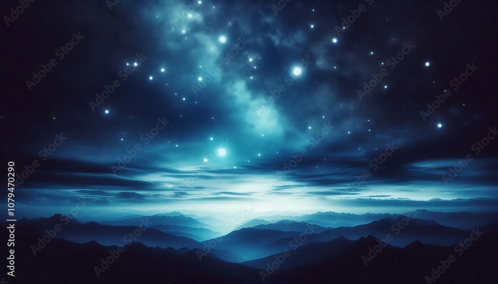 Fototapeta premium Milky Way arch. Fantastic night landscape with bright arched milky way, purple sky with stars, blue light and hills. Beautiful scene with universe. Space background with starry sky. Galaxy and nature