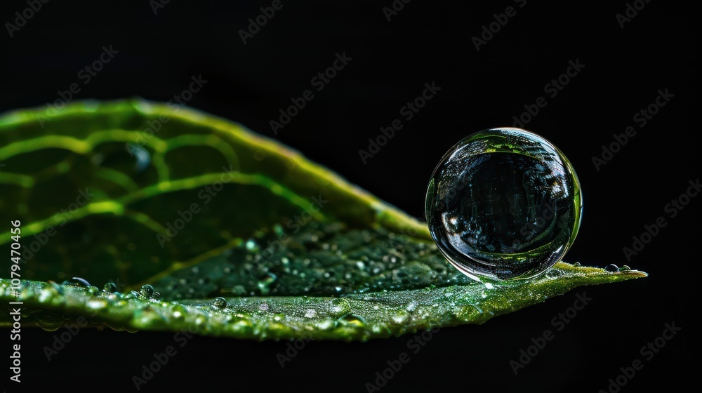 bubbles on green leaves on black background bubbles on green leaves on black background