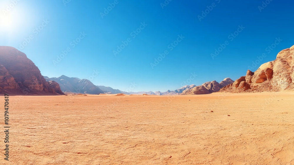 Panoramic Desert Landscape, expansive view of vibrant red sand dunes under a brilliant blue sky, capturing the serene beauty and vastness of a midday desert scene Panoramic Desert Landscape, expansive view of vibrant red sand dunes under a brilliant blue sky, capturing the serene beauty and vastness of a midday desert scene