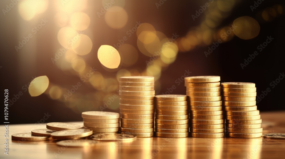 Golden Coins Stacked on Wooden Table Golden Coins Stacked on Wooden Table