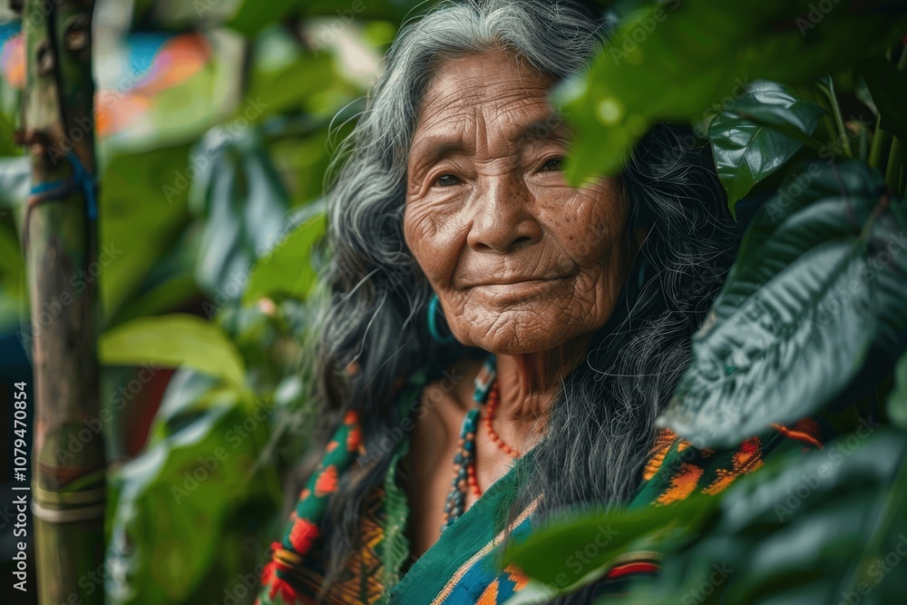 Portrait of an Elderly Amazonian Woman in a Lush Community Garden Promoting Cultural Heritage and Unity Portrait of an Elderly Amazonian Woman in a Lush Community Garden Promoting Cultural Heritage and Unity