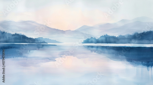 Tranquil Watercolor Painting of a Foggy Mountain Lake at Dawn - Concept of Serenity, Nature's Beauty, Morning Calm