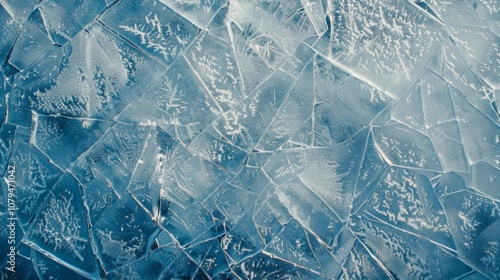 Aerial View of Cracked Ice Surface with Intricate Patterns. Concept of Natural Textures, Winter Beauty, Cold Environment, and Fragility of Nature. Banner. Background. Copy space