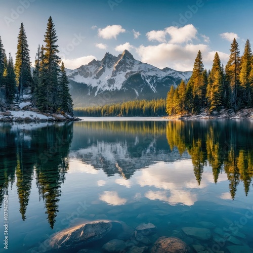 Serene Lake with Reflection of Mountains and Trees