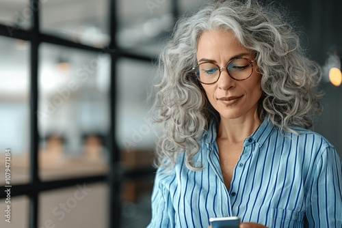 Middle-aged woman with curly gray hair using smartphone in modern office wearing glasses and blue striped shirt. Smiling businesswoman, entrepreneur, executive, manager standing in hallway