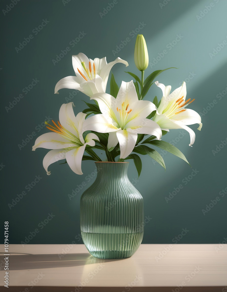 Fresh Lily flowers in a simple vase on a table with a minimalist background Fresh Lily flowers in a simple vase on a table with a minimalist background
