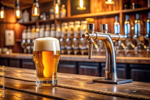 Beer tap with glassware on a wooden bar counter, homebrew, woodenbar, interior, woodgrain photo