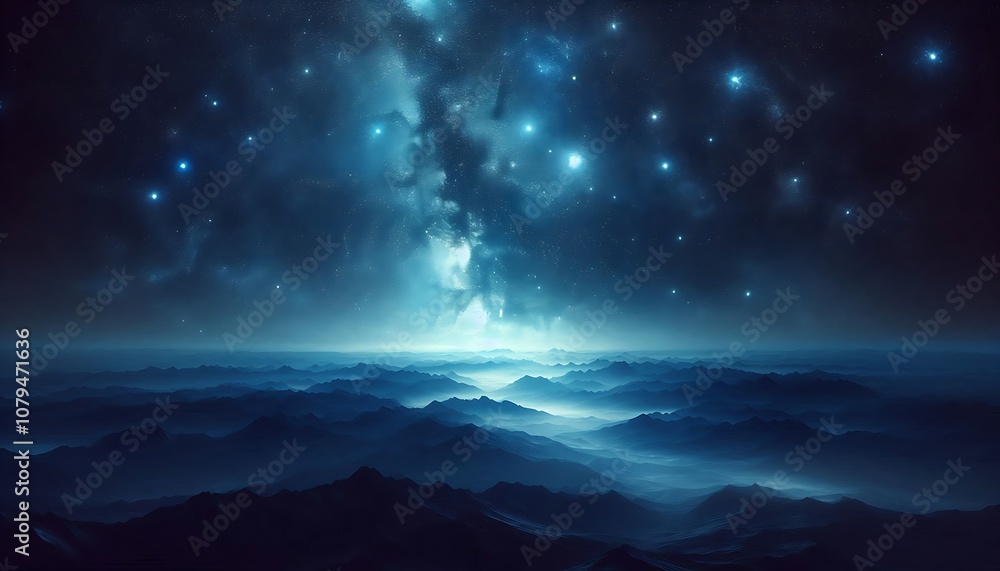 Fototapeta premium Milky Way arch. Fantastic night landscape with bright arched milky way, purple sky with stars, blue light and hills. Beautiful scene with universe. Space background with starry sky. Galaxy and nature