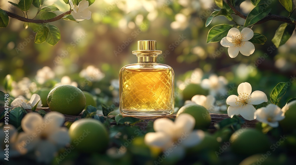 A glass bottle of perfume sits on a wooden surface surrounded by white flowers and green fruit. A glass bottle of perfume sits on a wooden surface surrounded by white flowers and green fruit.
