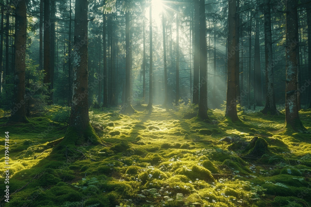 Fototapeta premium Sunlit Misty Forest Morning with Green Moss and Tall Pine Trees