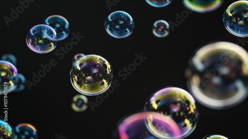 Beautiful translucent soap bubbles on dark background