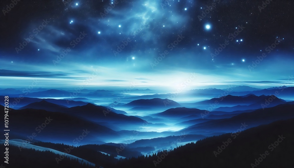 Fototapeta premium Milky Way arch. Fantastic night landscape with bright arched milky way, purple sky with stars, blue light and hills. Beautiful scene with universe. Space background with starry sky. Galaxy and nature