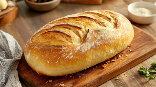 Freshly baked artisanal bread on a wooden cutting board