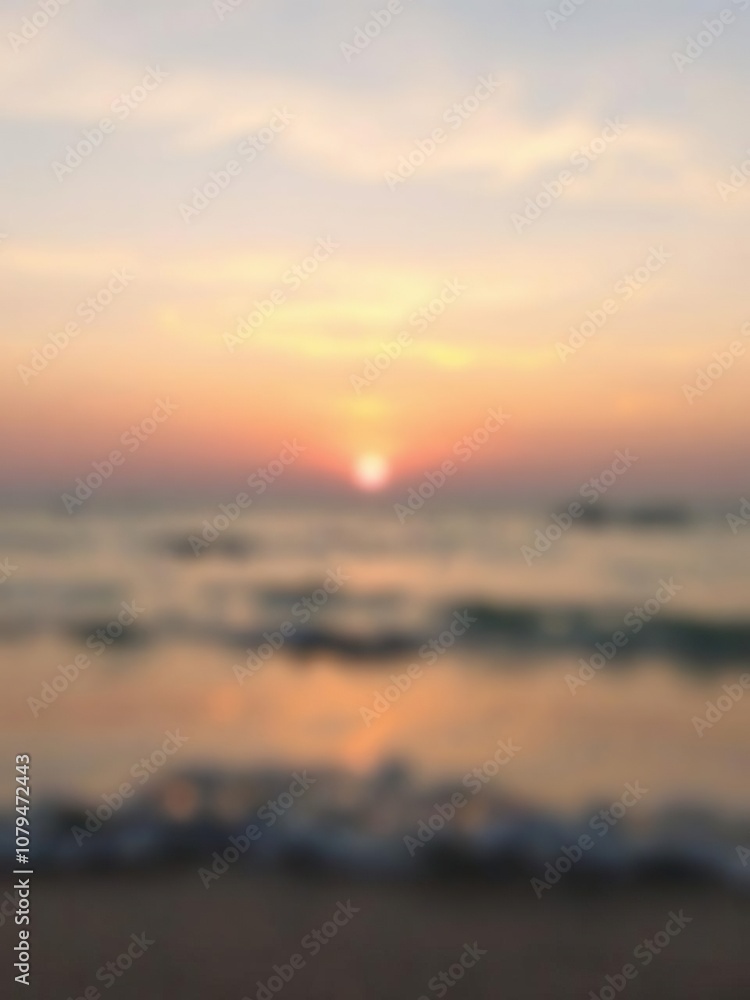 Naklejka premium Blurred sunset sky and ocean with soft pastel hues creating a serene and peaceful backdrop, ocean, soft